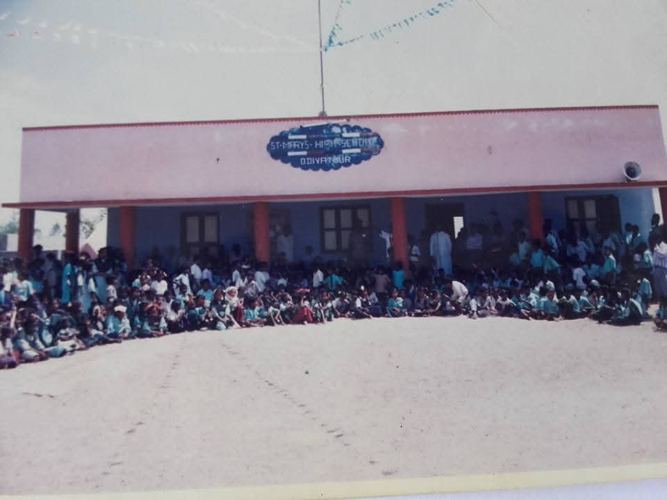 Students in front of the first school building